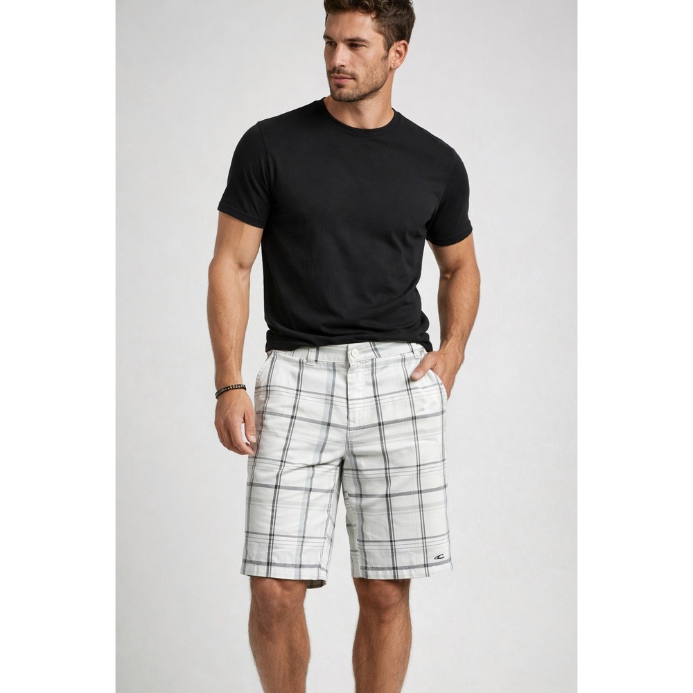 O'Neill Plaid Flat Front Shorts Sz 40‎ White Gray Checkered Surfcore Golf Preppy